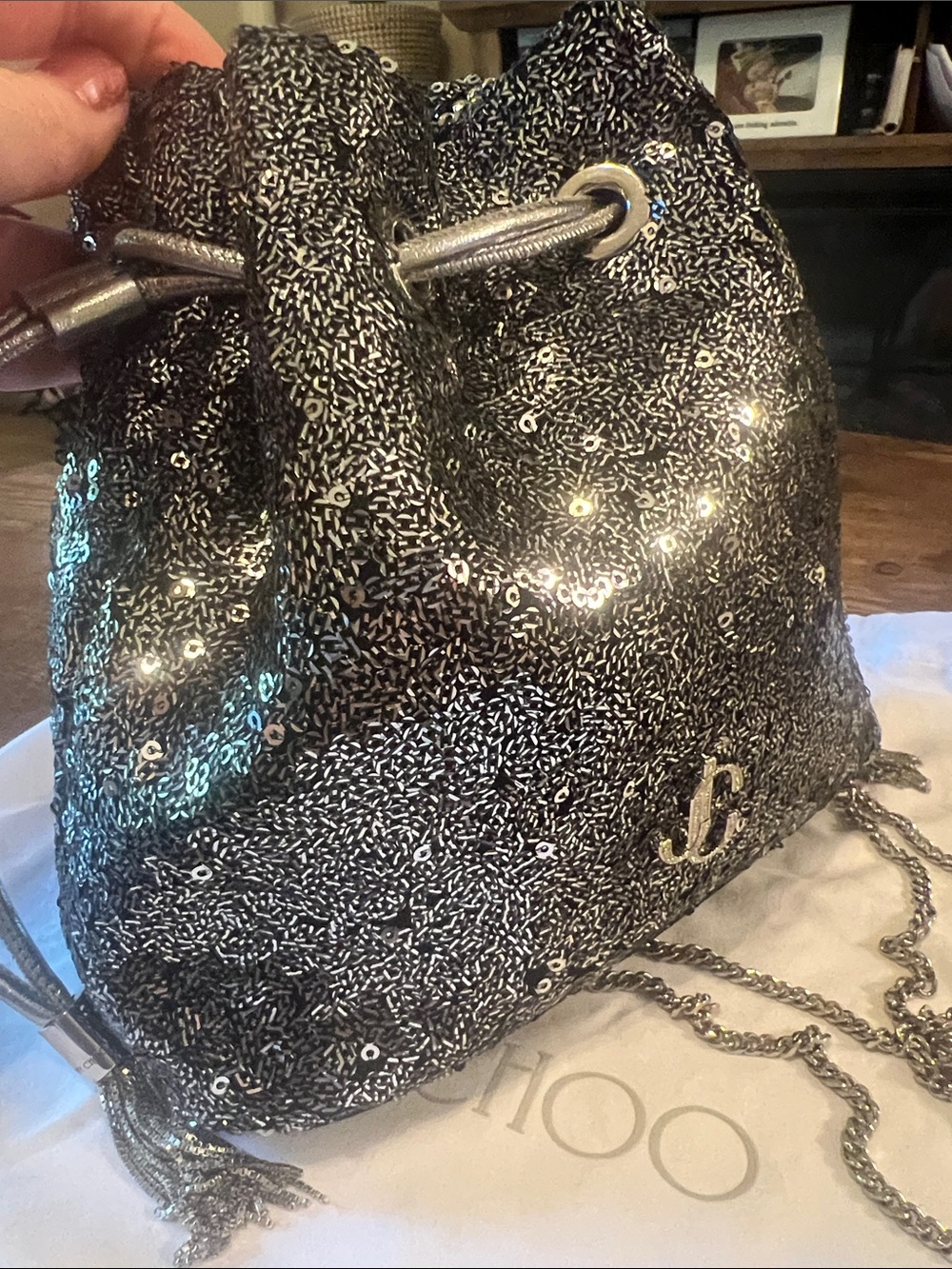 Jimmy Choo Silver/Graphite Sequin Drawstring Mini Bucket Bag - Picture 4 of 13